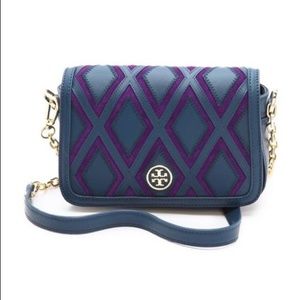 Tory Burch Robinson Patchwork Chain Purple and Navy Cross-Body Bag